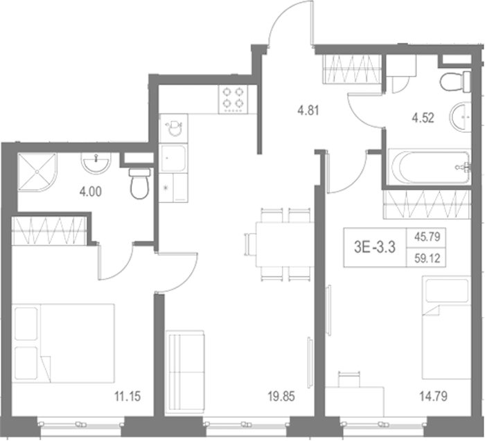 2-комнатная квартира 59.12 м², 3/17 эт., Комплекс апартаментов «Zoom на Неве»